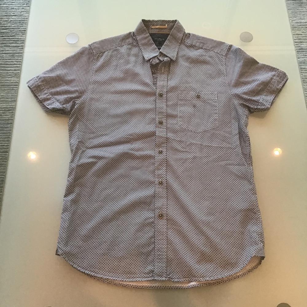 Ted Baker London Short Sleeve Button Down Shirt Geometric Print Navy White 3 M